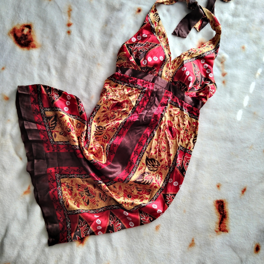 Vtg Y2K Boho Halter Red and Gold Paisley Silk Midi Dress